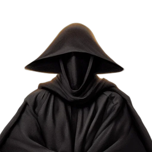 jacket, mask, hat, staff, 3d render, concept art, photorealistic, dark transparent PNG cut-out