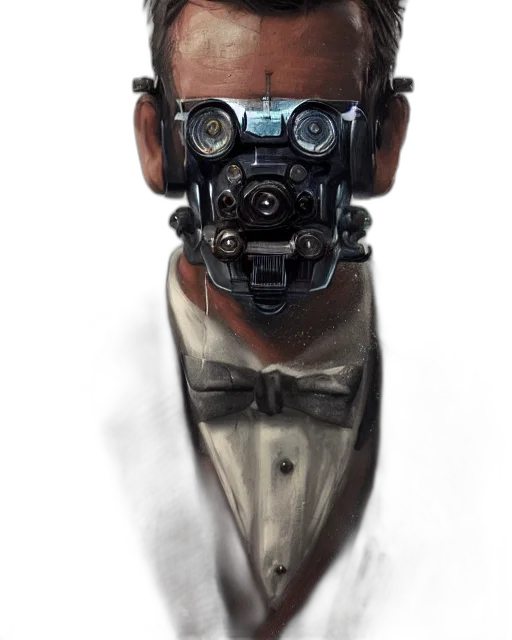robot, mask, face, staff, concept art, cyberpunk, photorealistic, 3d render transparent PNG cut-out
