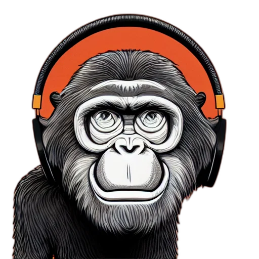 animal, concept art, photorealistic, cartoon, stoned, ape, headphones, knitted transparent PNG cut-out