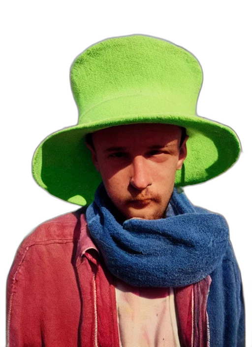 hat, staff, jacket, face, 3d render, photorealistic, vaporwave, cyberpunk transparent PNG cut-out