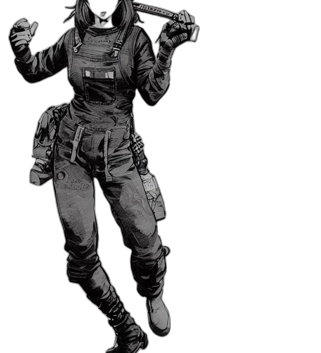 staff, jacket, weapon, mask, comic book art, concept art, cyberpunk, pencil sketch transparent PNG cut-out