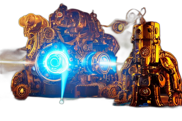 robot, weapon, concept art, 3d render, fantasy art, golden, portrait, photo transparent PNG cut-out