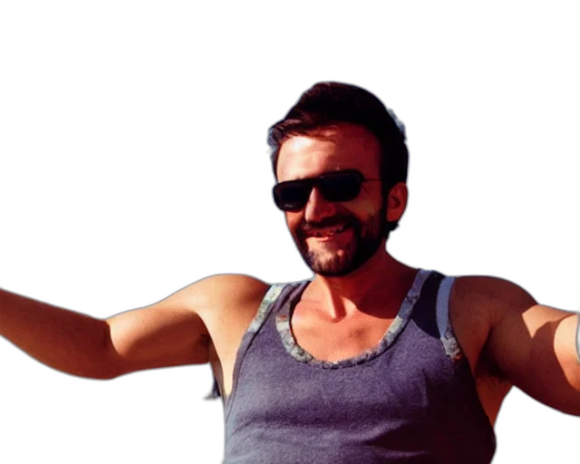 man, wearing, tank, top, sunglasses, drinking, beer, smirking transparent PNG cut-out