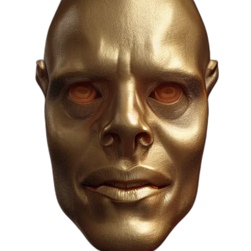 mask, face, creature, robot, 3d render, concept art, photorealistic, golden transparent PNG cut-out