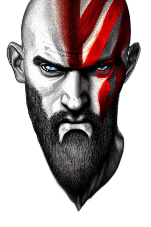 face, comic book art, fantasy art, concept art, photorealistic, portrait, kratos, highly transparent PNG cut-out
