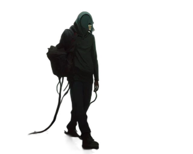 jacket, mask, staff, creature, cyberpunk, concept art, 3d render, single transparent PNG cut-out