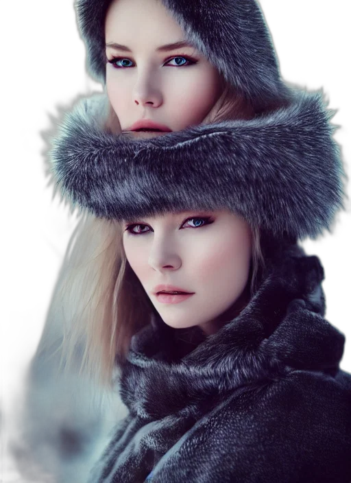 hat, face, photorealistic, fantasy art, oil painting, 3d render, snow, monochrome transparent PNG cut-out