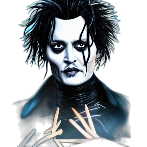 comic book art, concept art, photorealistic, cartoon, portrait, johnny, depp, edward transparent PNG cut-out