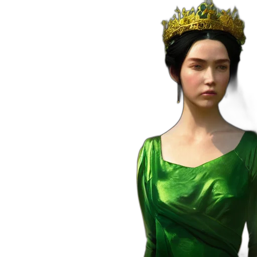 crown, dress, jewelry, photorealistic, fantasy art, concept art, 3d render, green transparent PNG cut-out