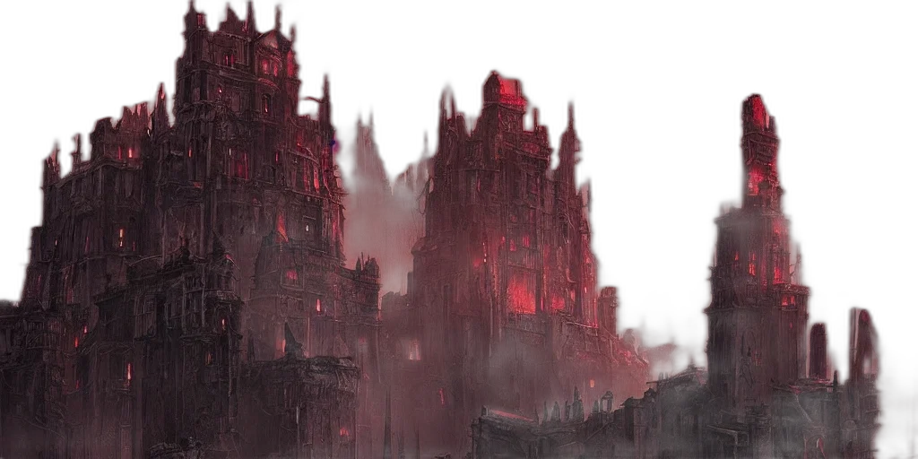 building, concept art, fantasy art, cyberpunk, comic book art, fog, city street, fire transparent PNG cut-out