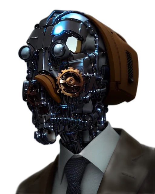 robot, mask, face, staff, cyberpunk, concept art, 3d render, photorealistic transparent PNG cut-out