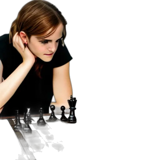 photorealistic, 3d render, concept art, emma, watson, playing, chess, against transparent PNG cut-out