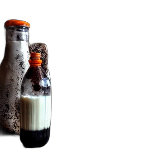 bottle, food, 3d render, earth tones, dirty, milk, cow, inside transparent PNG cut-out