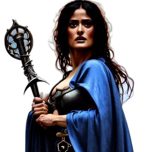 sword, comic book art, fantasy art, concept art, photorealistic, portrait, salma, hayek transparent PNG cut-out