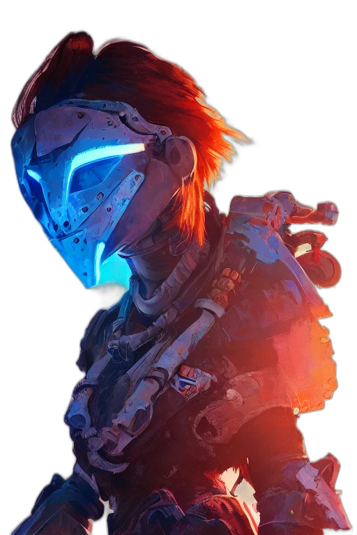 robot, weapon, mask, face, concept art, cyberpunk, 3d render, comic book art transparent PNG cut-out