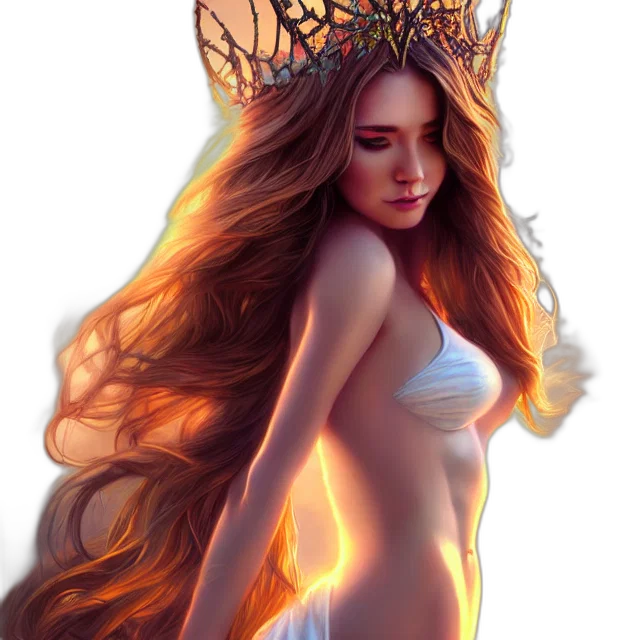 crown, dress, fantasy art, photorealistic, concept art, oil painting, fire, golden transparent PNG cut-out