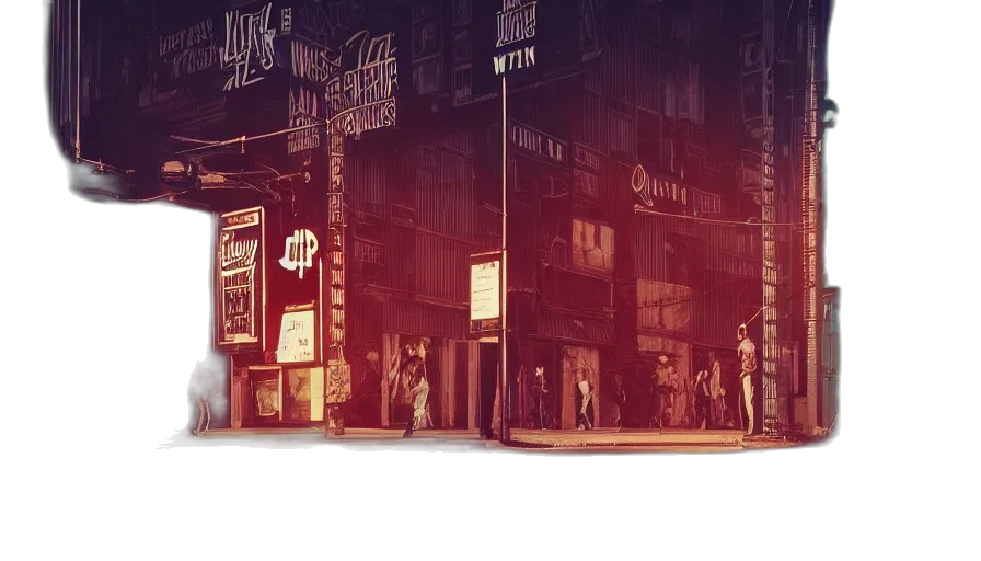building, concept art, photorealistic, comic book art, 3d render, city street, neon lights, night transparent PNG cut-out