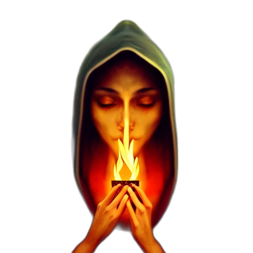 mask, fantasy art, concept art, pixel art, photorealistic, fire, priestess, hood transparent PNG cut-out
