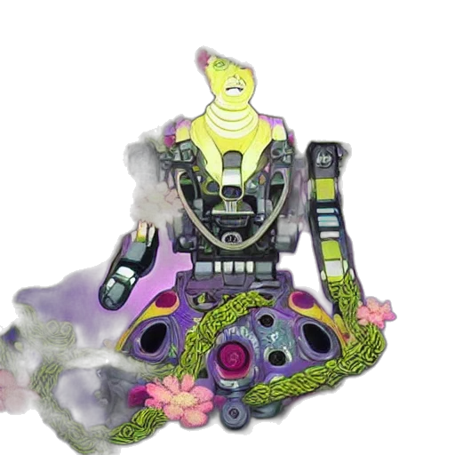 robot, weapon, creature, mask, concept art, 3d render, pixel art, vaporwave transparent PNG cut-out