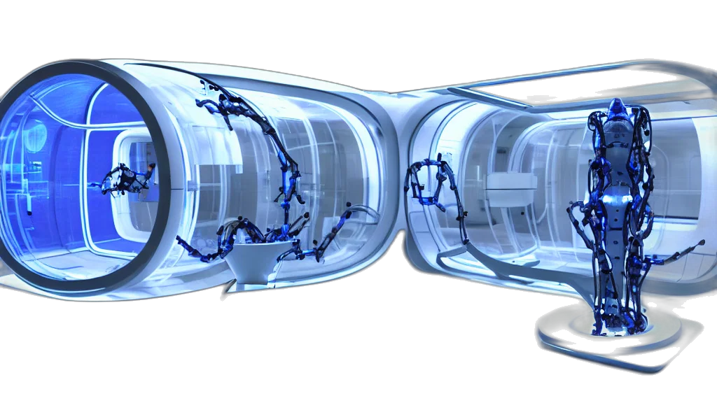 3d render, concept art, cyberpunk, outer space, neon lights, futuristic, enclosed, medical transparent PNG cut-out