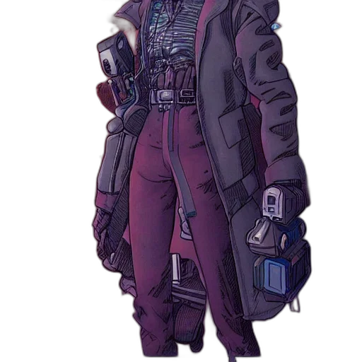 jacket, staff, robot, weapon, cyberpunk, concept art, pixel art, comic book art transparent PNG cut-out