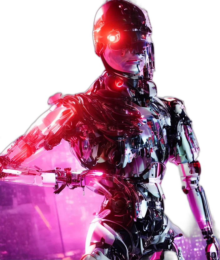 robot, cyberpunk, 3d render, concept art, vaporwave, neon lights, full, body transparent PNG cut-out