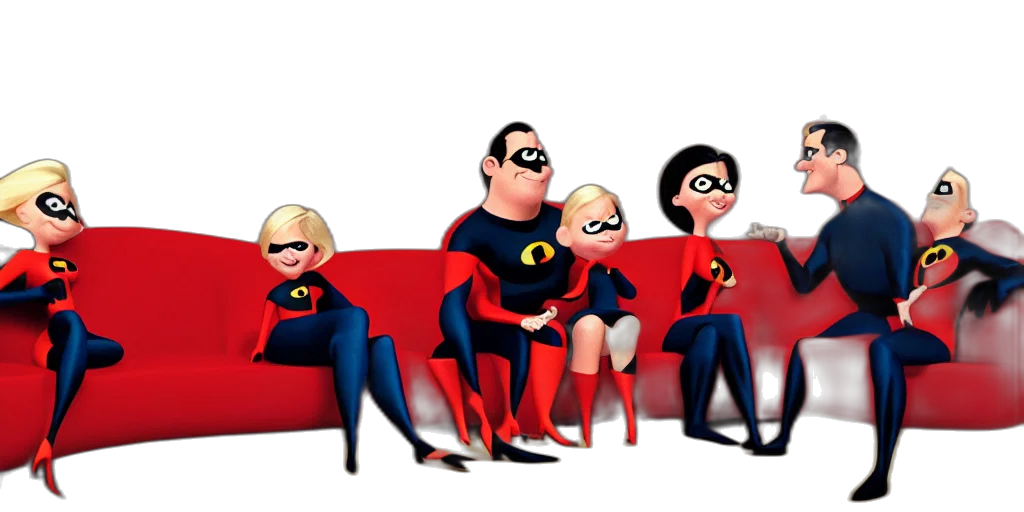 comic book art, concept art, cartoon, 3d render, incredibles, family, sitting, couch transparent PNG cut-out