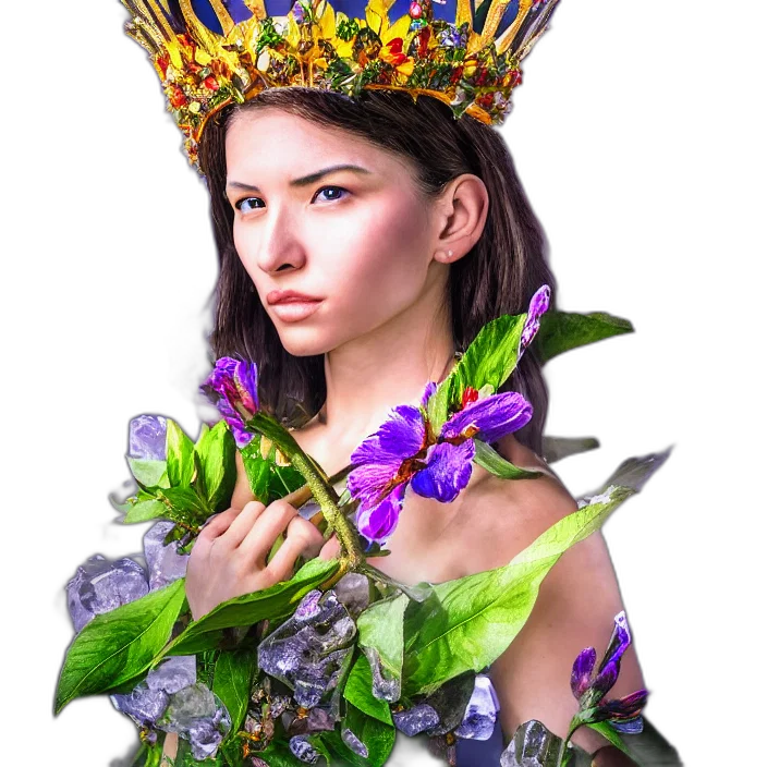crown, jewelry, face, flower, fantasy art, photorealistic, concept art, 3d render transparent PNG cut-out