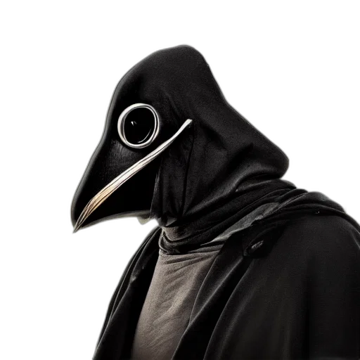 mask, jacket, staff, hat, concept art, 3d render, photorealistic, dark transparent PNG cut-out