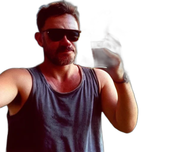 selfie, content, bloke, wearing, tank, top, sunglasses, drinking transparent PNG cut-out