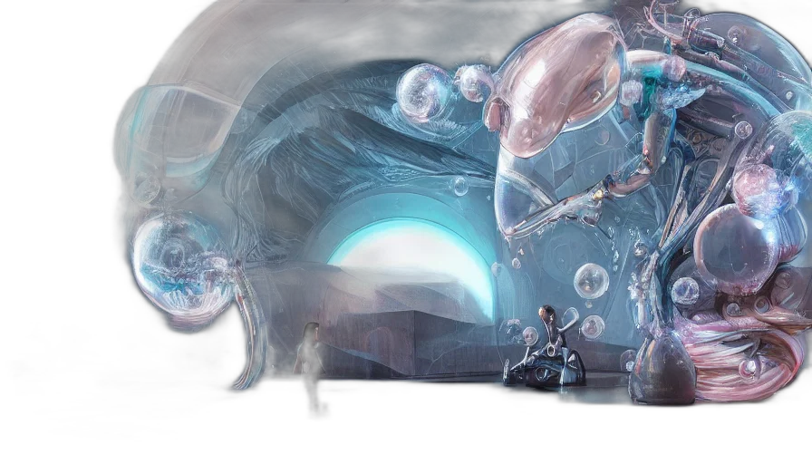 robot, concept art, 3d render, fantasy art, cyberpunk, underwater, outer space, fog transparent PNG cut-out