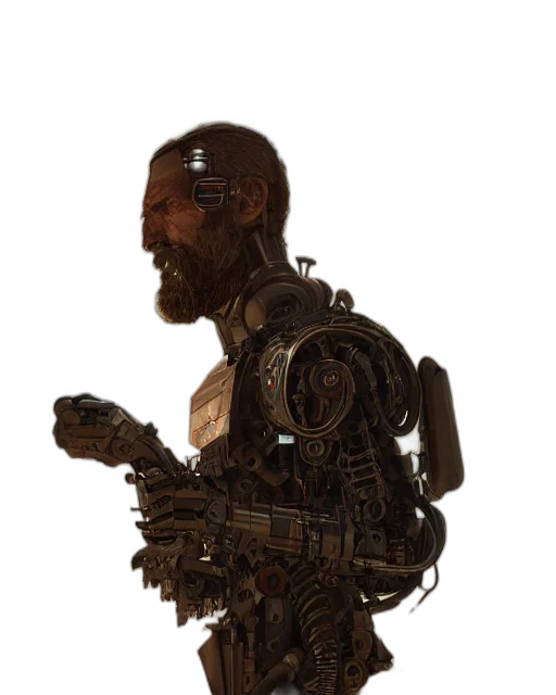 robot, jacket, face, staff, concept art, cyberpunk, 3d render, fantasy art transparent PNG cut-out