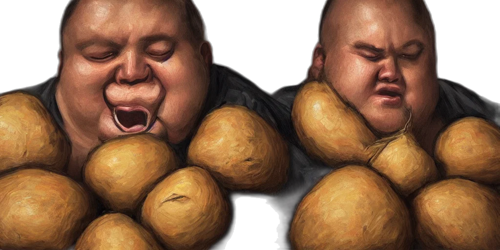 food, photorealistic, concept art, 3d render, morbidly, obese, person, surrounded transparent PNG cut-out