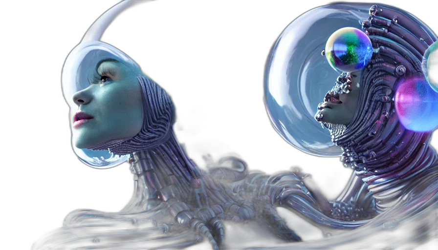 robot, concept art, 3d render, photorealistic, fantasy art, underwater, outer space, blue transparent PNG cut-out