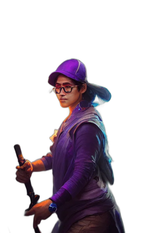 hat, jacket, staff, weapon, concept art, 3d render, pixel art, fantasy art transparent PNG cut-out