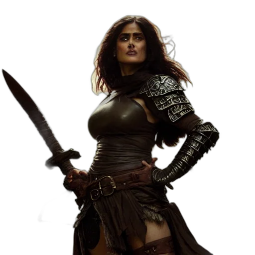 sword, fantasy art, concept art, comic book art, photorealistic, portrait, salma, hayek transparent PNG cut-out