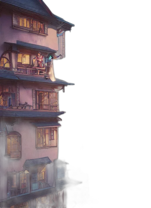 building, robot, concept art, 3d render, fantasy art, watercolor, fog, city street transparent PNG cut-out