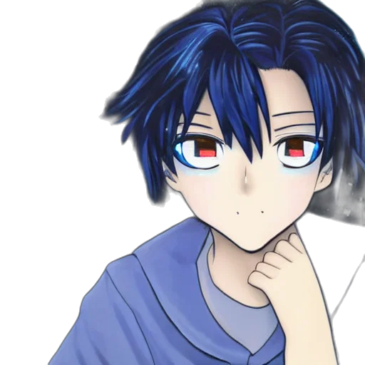anime, photorealistic, cartoon, pixel art, blue, dark, haired, boy transparent PNG cut-out