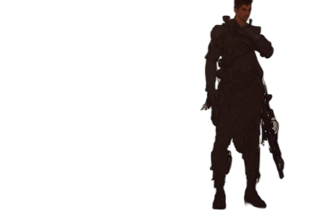 weapon, staff, jacket, robot, concept art, 3d render, pixel art, cyberpunk transparent PNG cut-out