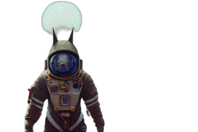 mask, jacket, robot, staff, concept art, 3d render, outer space, underwater transparent PNG cut-out