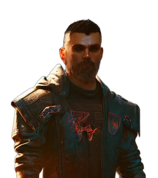 jacket, face, staff, cyberpunk, concept art, photorealistic, fantasy art, charismatic transparent PNG cut-out
