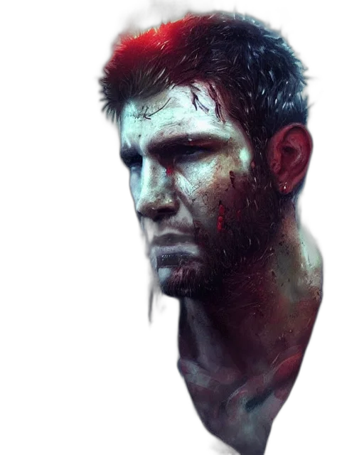 face, comic book art, concept art, photorealistic, fantasy art, red, battle, hardened transparent PNG cut-out