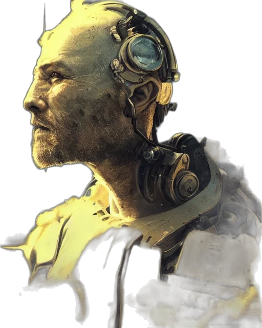 robot, face, mask, staff, concept art, cyberpunk, photorealistic, watercolor transparent PNG cut-out