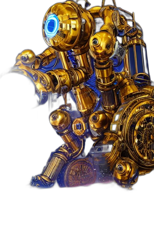 weapon, sword, robot, crown, concept art, 3d render, golden, portrait transparent PNG cut-out