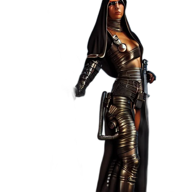 dress, staff, 3d render, concept art, fantasy art, comic book art, dark, cyberpunk transparent PNG cut-out