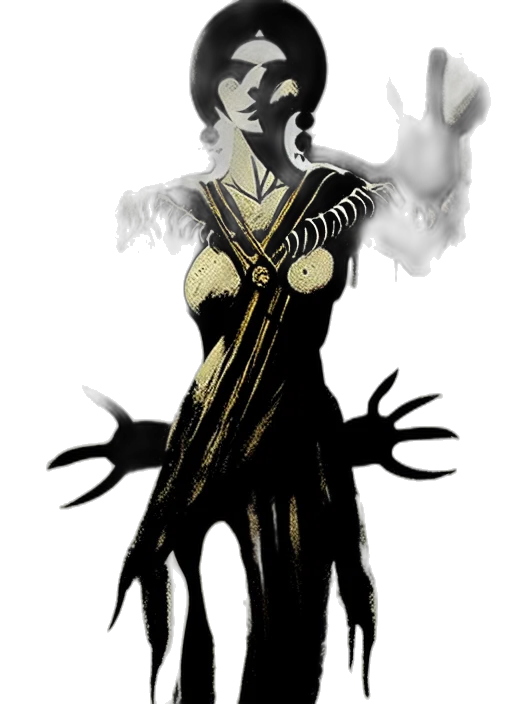dress, staff, creature, mask, concept art, comic book art, fantasy art, cartoon transparent PNG cut-out