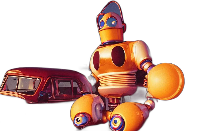 robot, car, concept art, 3d render, clown, relaxing, california, drive transparent PNG cut-out