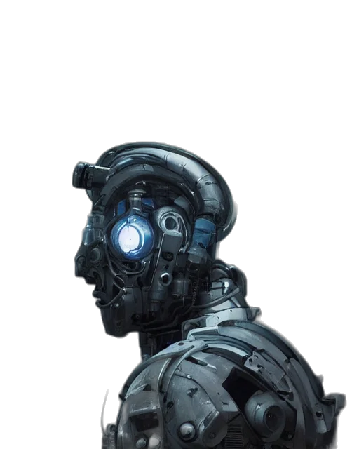 robot, mask, face, weapon, concept art, 3d render, cyberpunk, comic book art transparent PNG cut-out