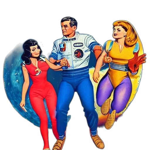 comic book art, cartoon, concept art, outer space, painting, man, two, women transparent PNG cut-out