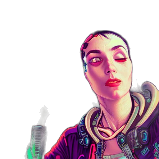 jacket, robot, weapon, face, cyberpunk, concept art, comic book art, vaporwave transparent PNG cut-out